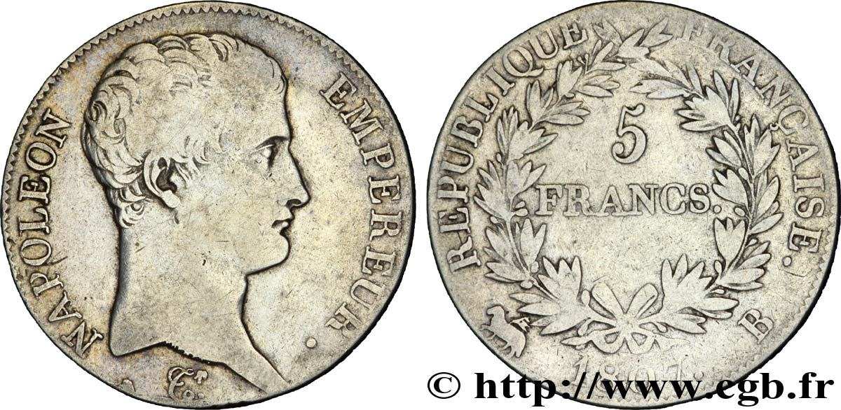 5 francs Napoléon Empereur, Calendrier grégorien 1807 Rouen F.304/12 TB 