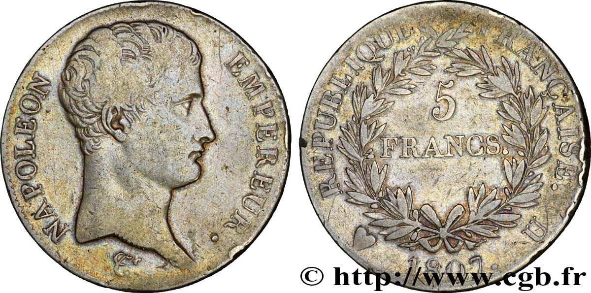 5 francs Napoléon Empereur, Calendrier grégorien 1807 Turin F.304/22 MB 