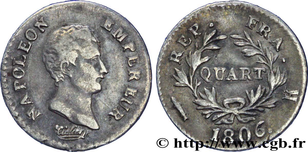 Quart (de franc) Napoléon Empereur, Calendrier grégorien 1806 Bordeaux F.159/3 BC 