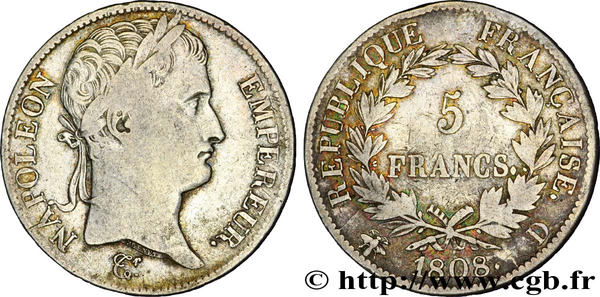 5 francs Napoléon Empereur, République française 1808 Lyon F.306/5 TB 