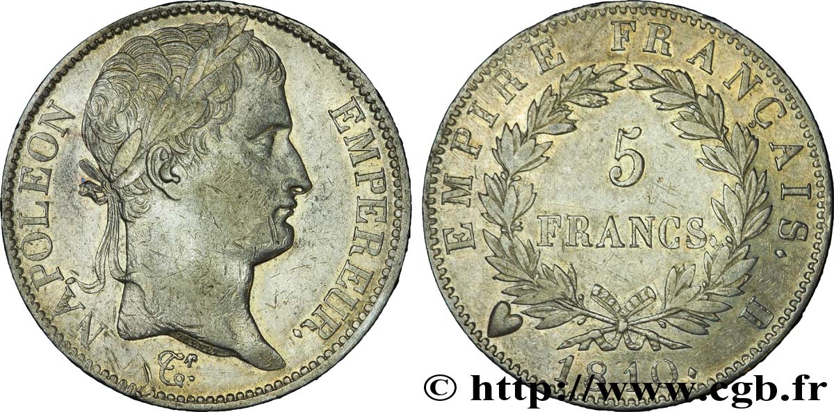 5 francs Napoléon Empereur, Empire français 1810 Turin F.307/25 BB 