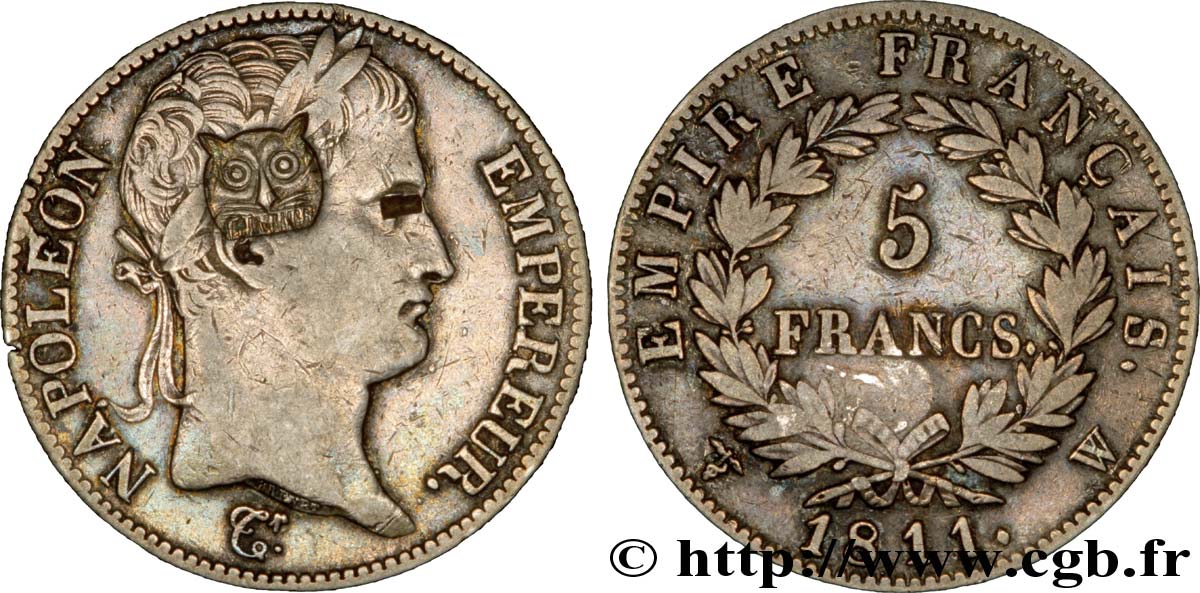5 francs Napoléon Empereur, Empire français, contremarqué d’une tête de tigre 1811 Lille F.307/40 var. TTB 