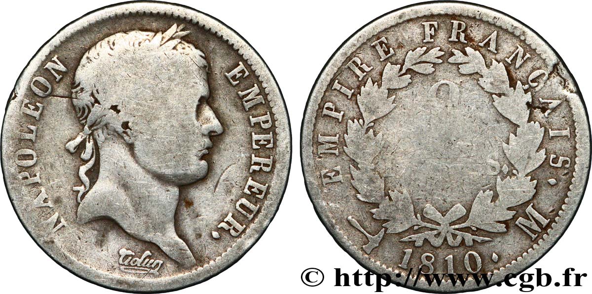 2 francs Napoléon Ier tête laurée, Empire français 1810 Toulouse F.255/19 B 