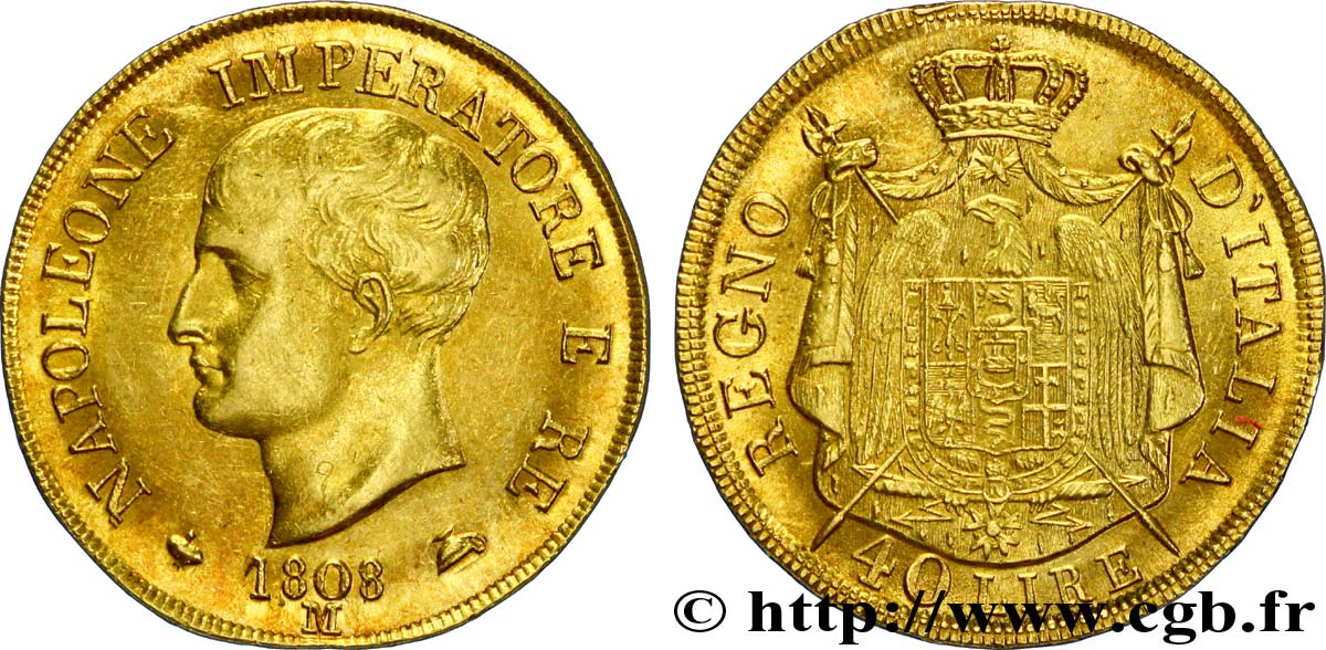 40 lire or, 1er type, tranche en relief 1808 Milan Mont.194  VZ 