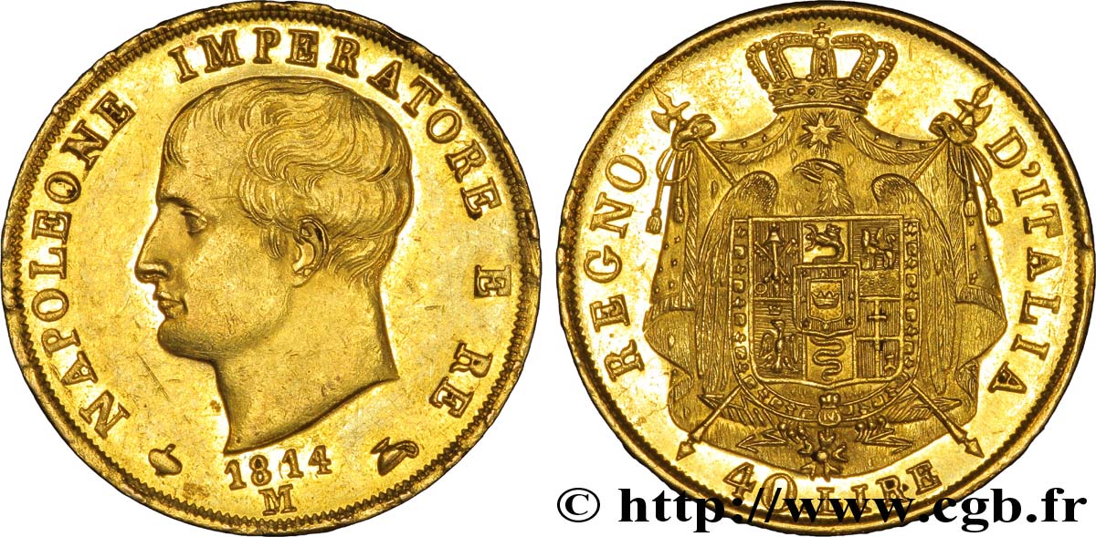 40 lire or, 2e type, tranche en creux 1814 Milan VG.1394  SUP 