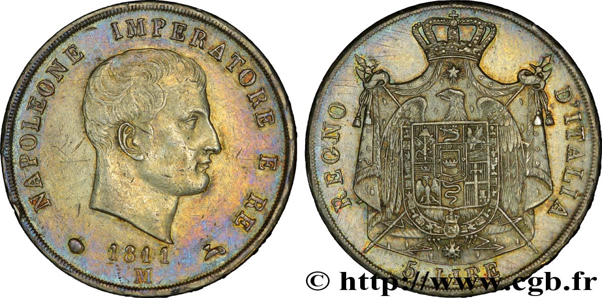 5 lire Napoléon Ier, 2e type, tranche en creux 1811 Milan M.225  MBC 