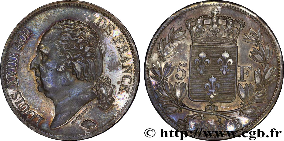 5 francs Louis XVIII, tête nue 1818 Rouen F.309/29 AU 