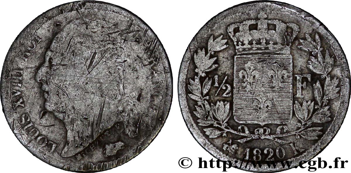 1/2 franc Louis XVIII 1820 Bordeaux F.179/26 B 