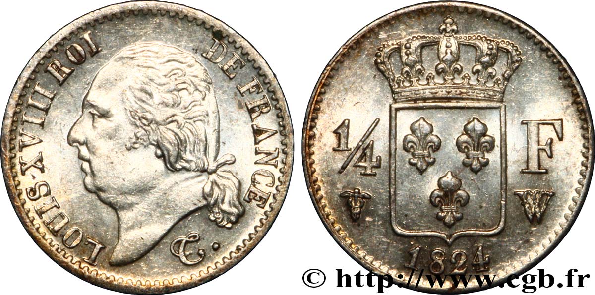 1/4 franc Louis XVIII  1824 Lille F.163/35 EBC 