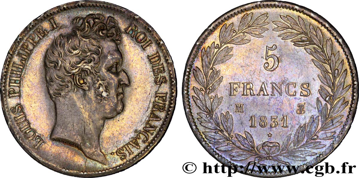 5 francs type Tiolier avec le I, tranche en creux 1831 Toulouse F.315/22 SUP 