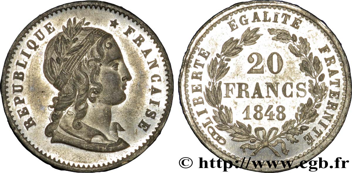 Concours de 20 francs, essai en étain de Magniadas 1848 Paris VG.3028 var AU 