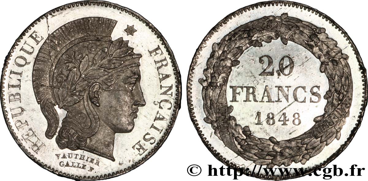 Concours de 20 francs, essai en étain de Vauthier-Galle 1848 Paris VG.3038 var SPL 