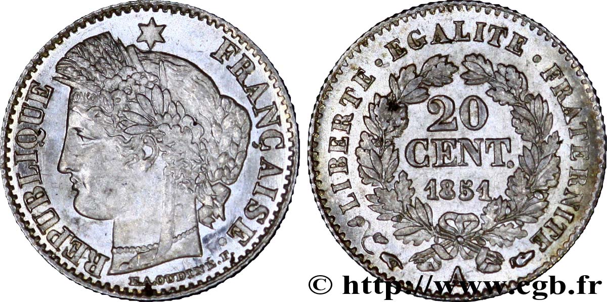 20 centimes Cérès, IIe République 1851 Paris F.146/7 fST 
