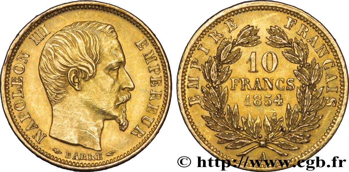 10 francs or Napoléon III, tête nue, petit module, tranche lisse 1854 Paris F.505/1 SUP 