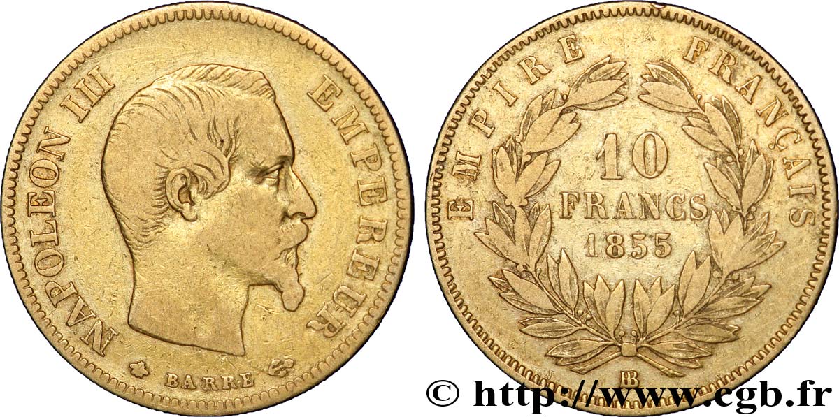 10 francs or Napoléon III, tête nue, grand module 1855 Strasbourg F.506/2 BC 