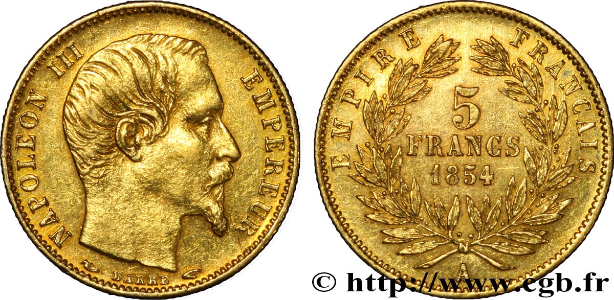 5 francs or Napoléon III, tête nue, petit module, tranche cannelée 1854 Paris F.500A/1 XF 