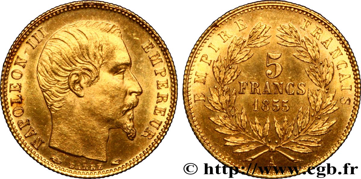 5 francs or Napoléon III, tête nue, petit module 1855 Paris F.500A/2 fST 