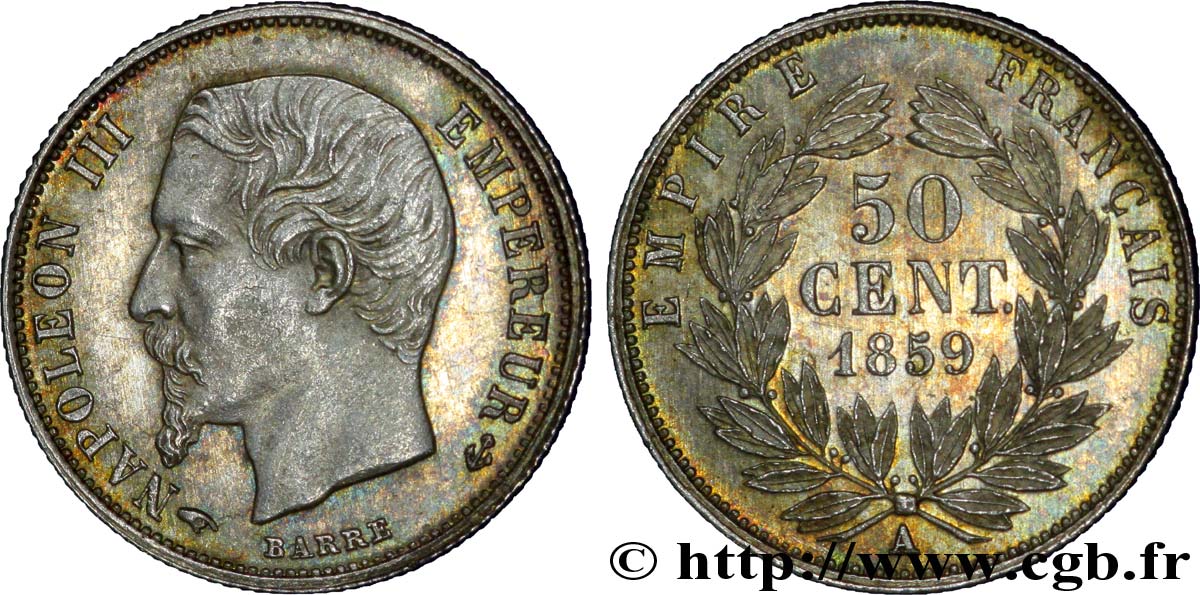 50 centimes Napoléon III, tête nue 1859 Paris F.187/10 SUP 