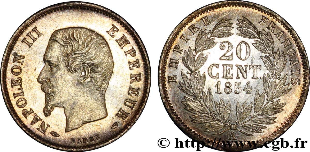 20 centimes Napoléon III, tête nue 1854 Paris F.148/2 SPL 