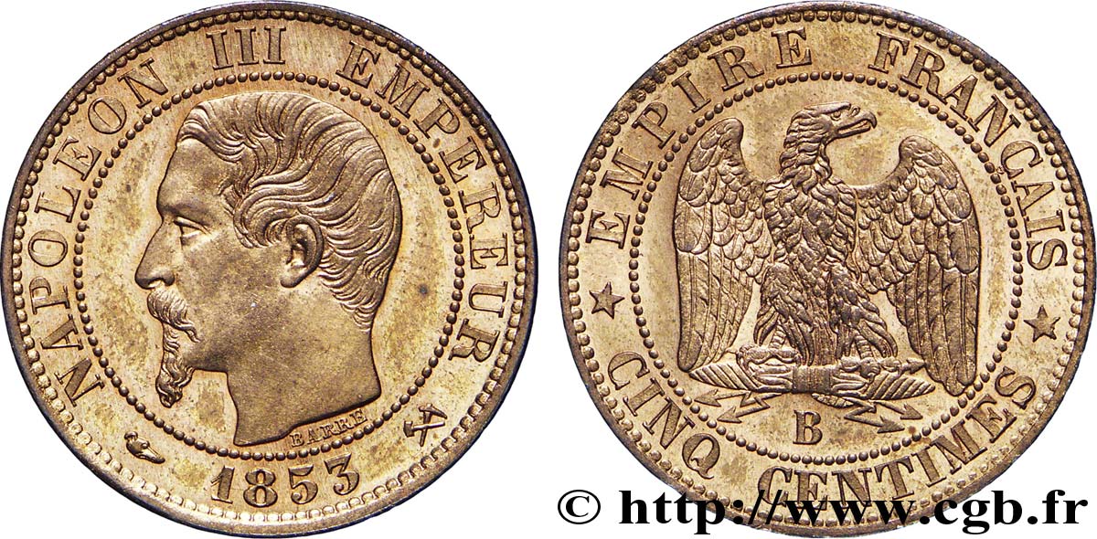 Cinq centimes Napoléon III, tête nue 1853 Rouen F.116/2 MS 