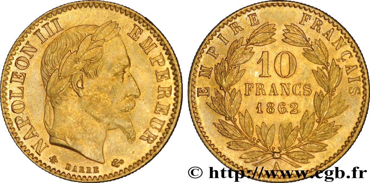 10 francs or Napoléon III, tête laurée 1862 Paris F.507A/1 SPL 