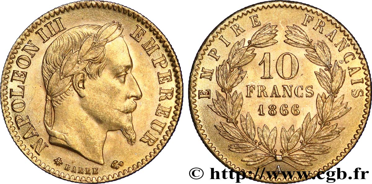 10 francs or Napoléon III, tête laurée 1866 Paris F.507A/12 SUP 