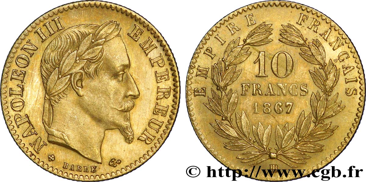 10 francs or Napoléon III, tête laurée 1867 Strasbourg F.507A/16 EBC 