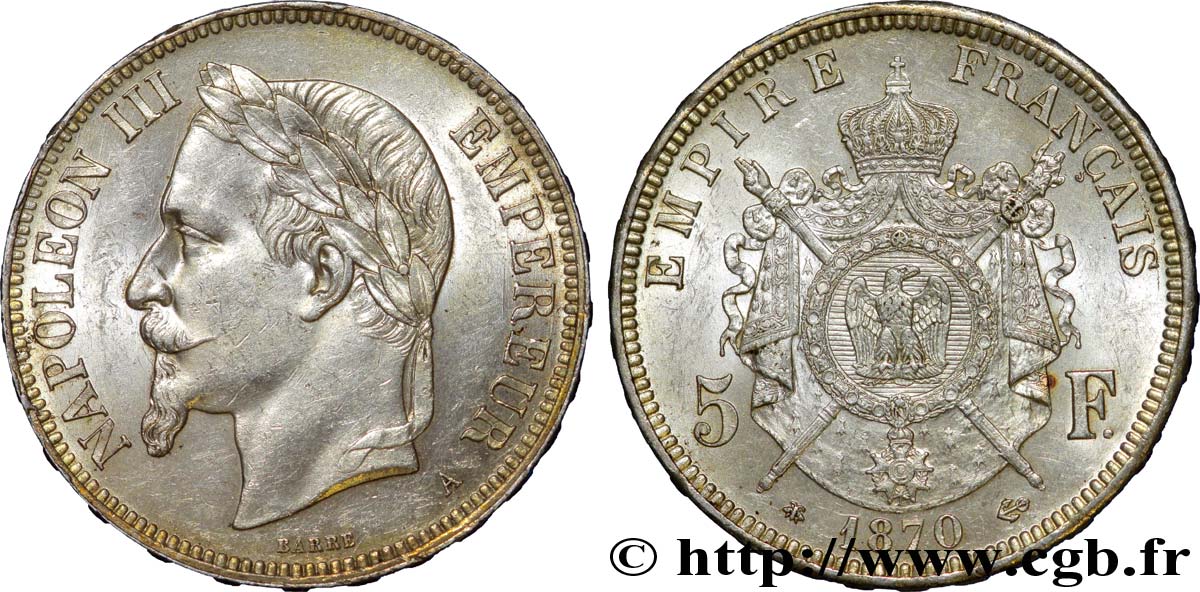 5 francs Napoléon III, tête laurée 1870 Paris F.331/16 VZ 