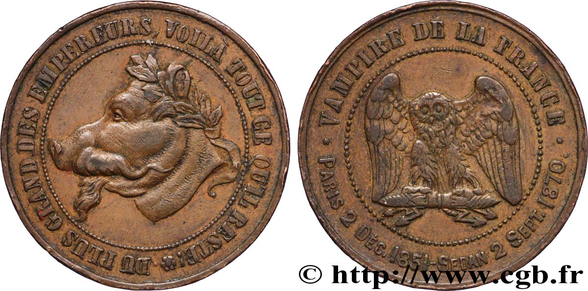 Monnaie satirique Br 32, module de 10 centimes à la tête de cochon 1870  Coll.41  MBC 
