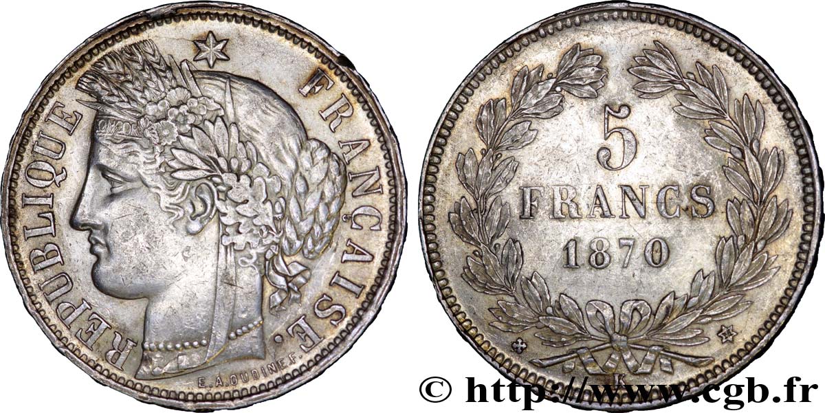 5 francs Cérès, sans légende, M à 11 heures 1870 Bordeaux F.332/4 SPL 