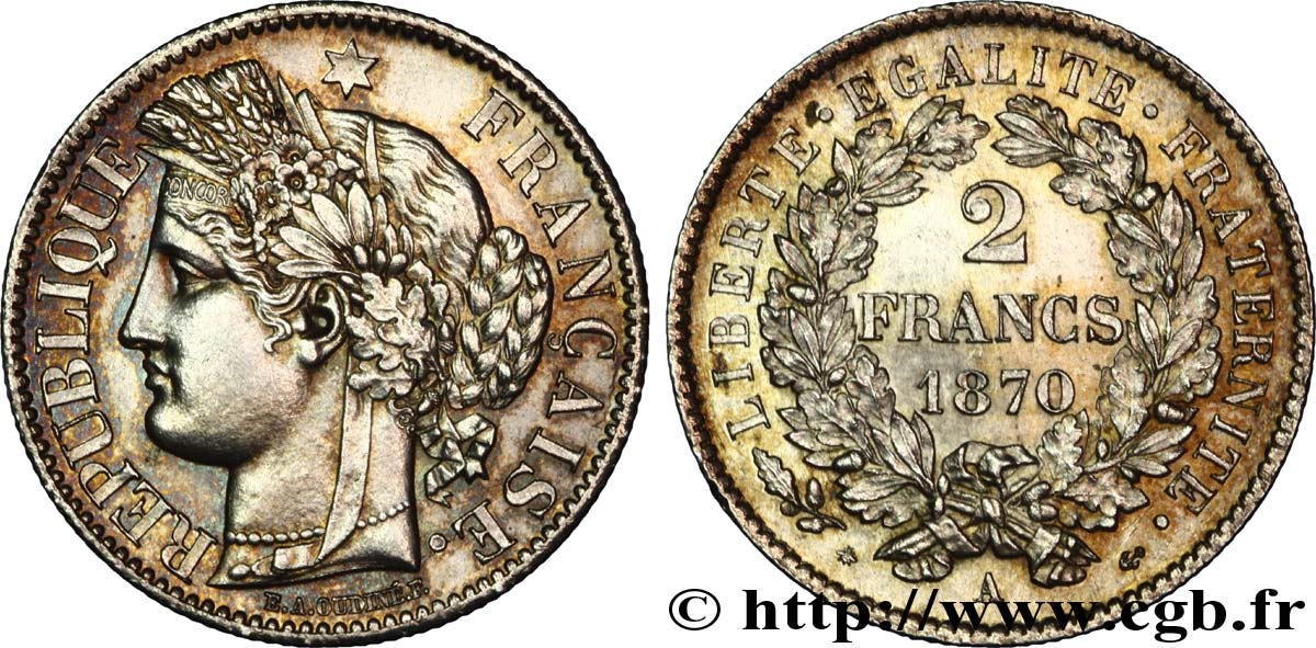 2 francs Cérès, avec légende, A normal 1870  Paris F.265/1 EBC 