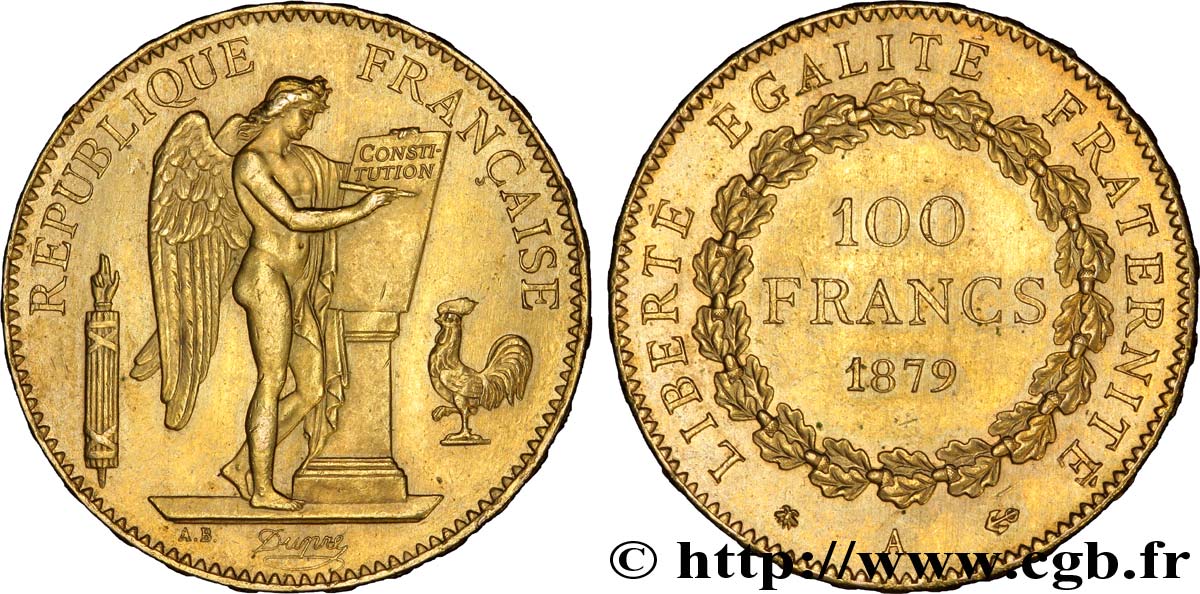 100 francs or Génie, tranche inscrite en relief Dieu protège la France 1879 Paris F.552/2 SUP 