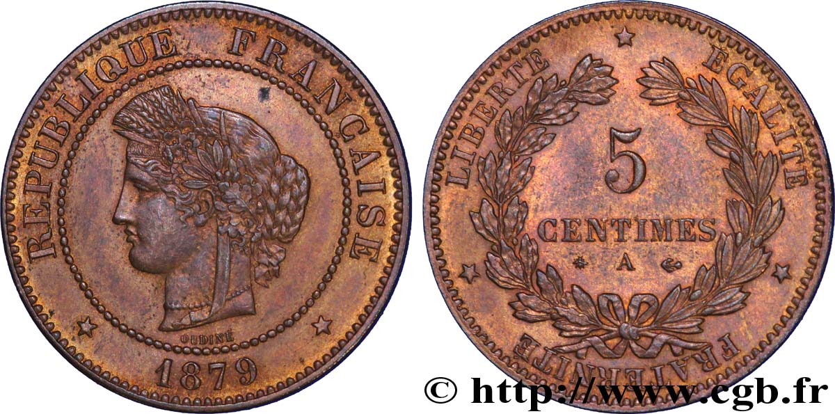 5 centimes Cérès, ancre non barrée 1879 Paris F.118/19 SPL 