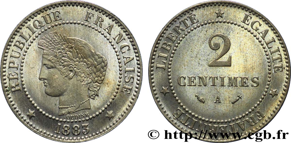 2 centimes Cérès, sur flan en maillechort 1883 Paris F.109/8 var. SPL 