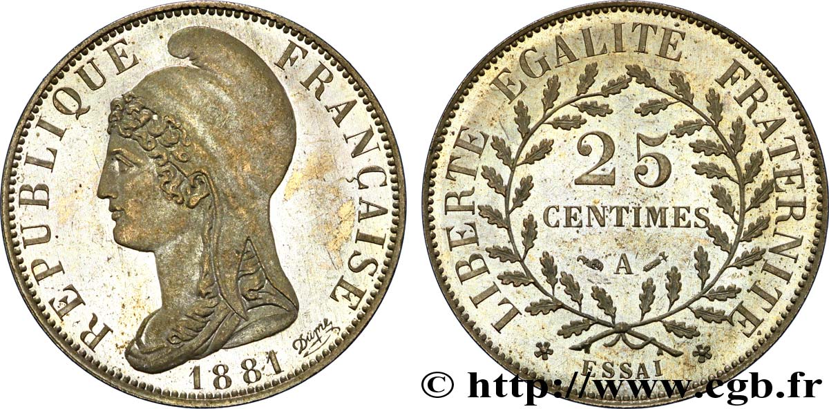 Essai de 25 centimes d’après Dupré, sur flan rond 1881 Paris VG.3969  fST 