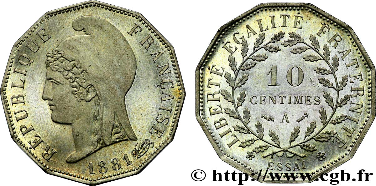 Essai de 10 centimes d’après Dupré, sur flan dodécagonal 1881 Paris VG.3967  MS 