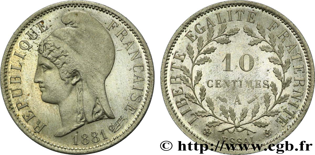 Essai de 10 centimes d’après Dupré, sur flan rond 1881 Paris VG.3971  fST 