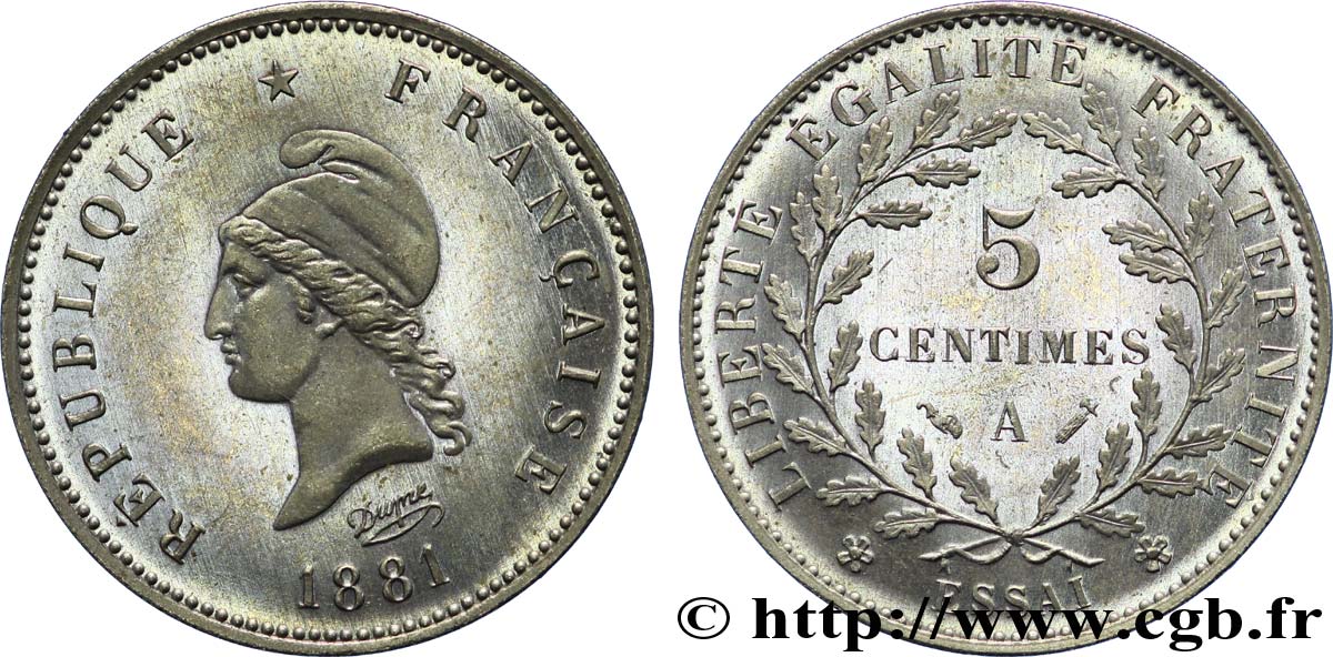 Essai de 5 centimes d’après Dupré, sur flan rond 1881 Paris VG.3972  SPL 