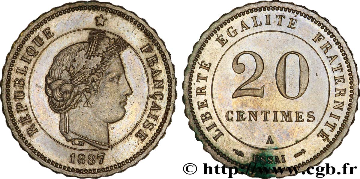 Essai de 20 centimes Merley, tranche dentelée à 40 dents 1887 Paris VG.4048  SUP 