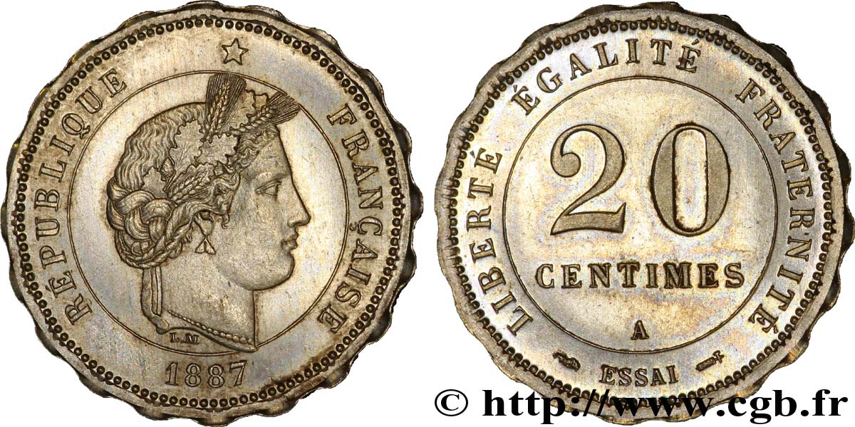 Essai de 20 centimes Merley, tranche dentelée à 20 dents 1887 Paris VG.4049  AU 