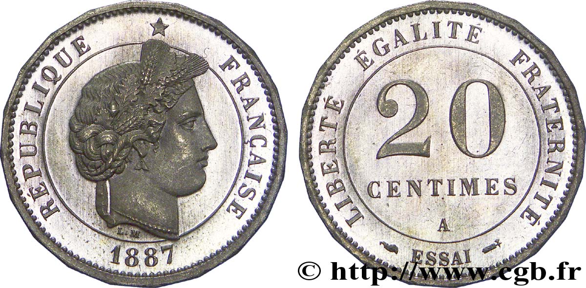 Essai de 20 centimes Merley, tranche à 20 pans 1887 Paris VG.4052  SC 