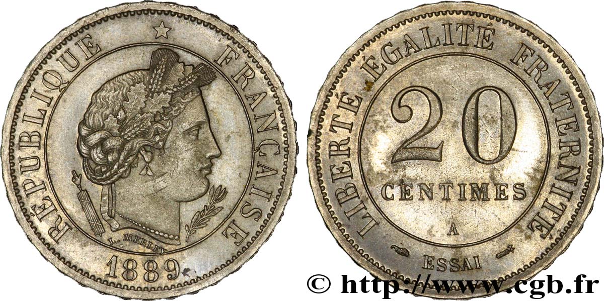 Essai de 20 centimes Merley, tranche cannelée 1889 Paris VG.4109 var SUP 
