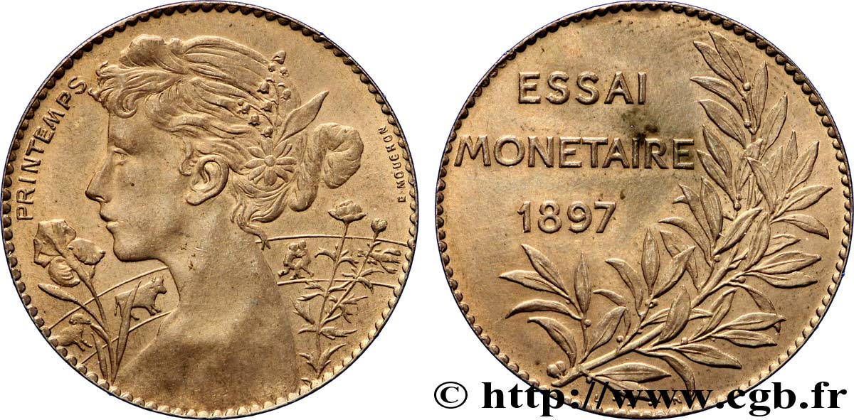 Essai monétaire en bronze, le Printemps, module de 5 centimes, avec poinçon sur la tranche 1897  VG.4296  VZ 