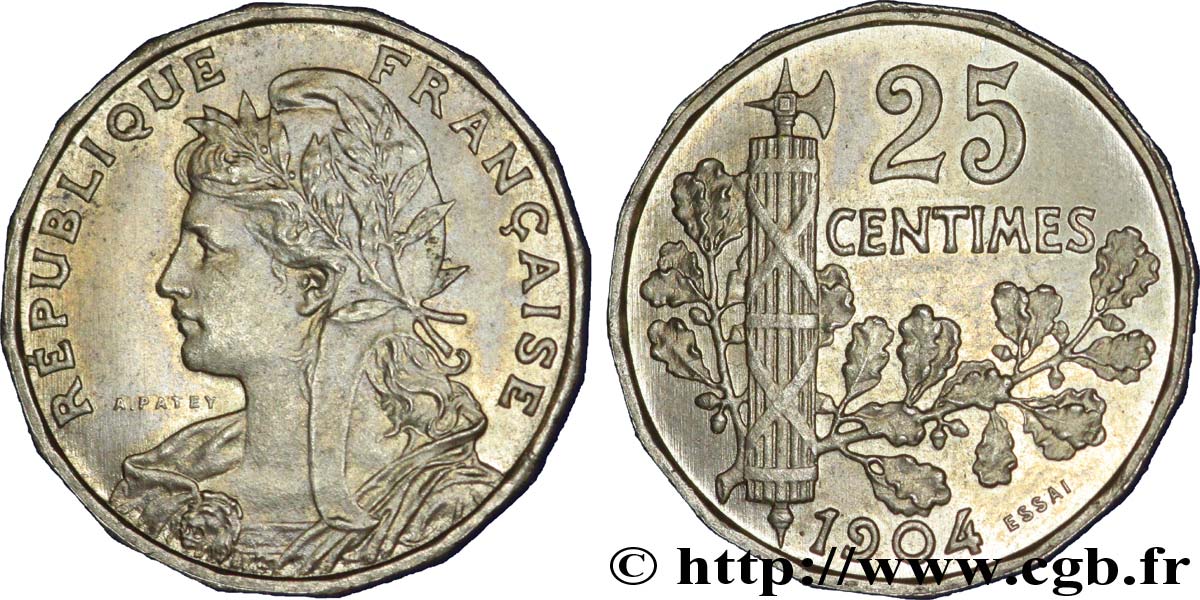 Essai de 25 centimes Patey, 2e type, tranche à 16 pans 1904 Paris VG.4523  MS 