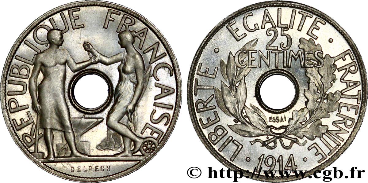 Essai de 25 centimes par Delpech, grand module 1914 Paris VG.4810  SPL 