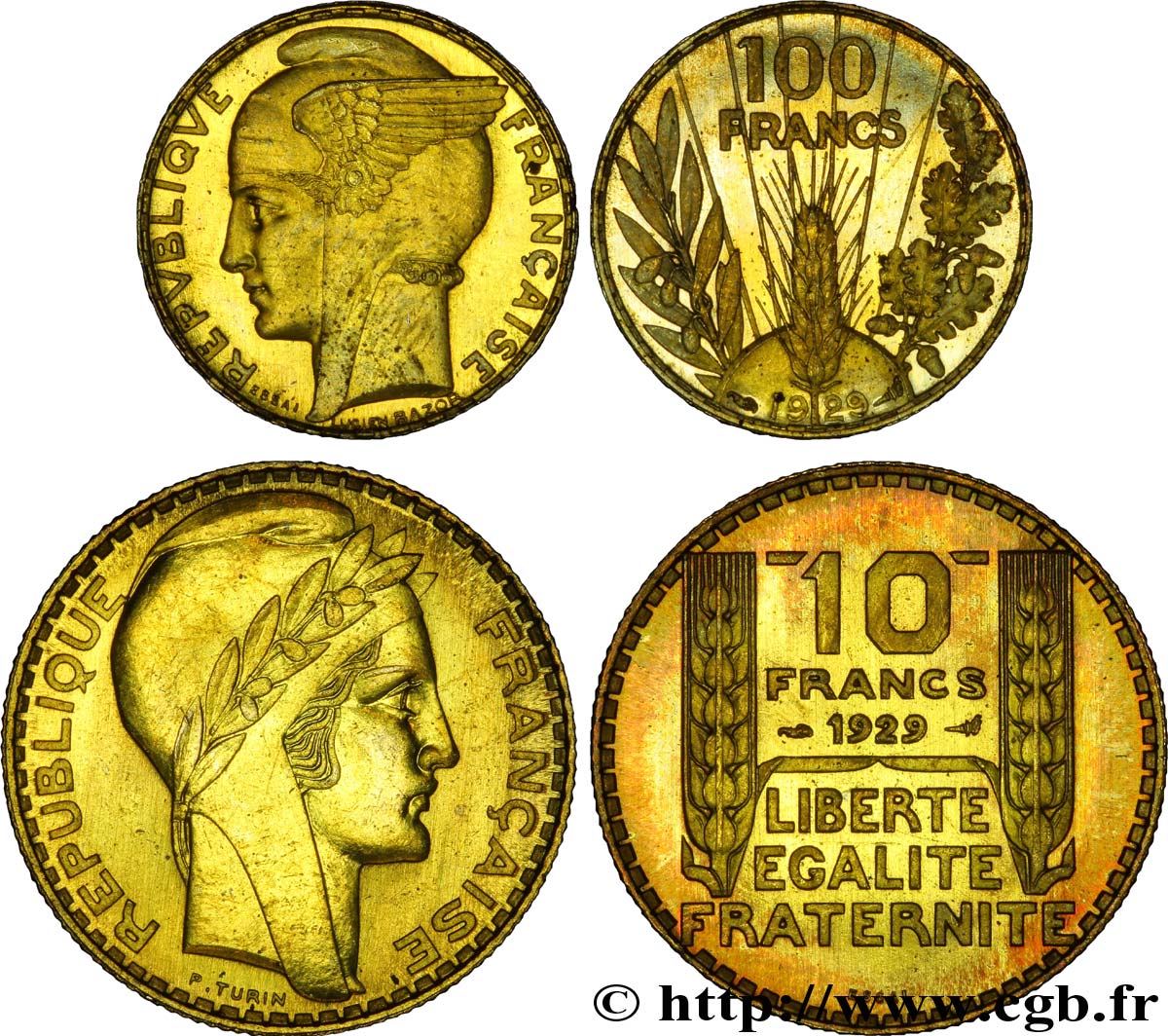 Concours monétaire de 1929, boîte de deux essais, 100 francs Bazor et 10 francs Turin en bronze-aluminium 1929 Paris F.360/1 var. MS 