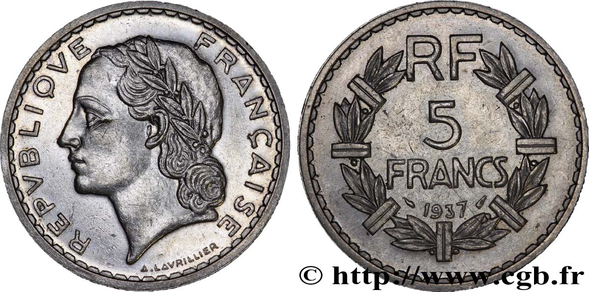 5 francs Lavrillier, nickel 1937  F.336/6 SUP 