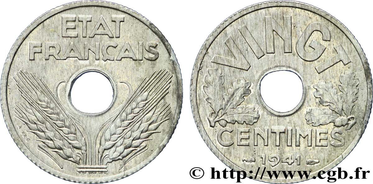 VINGT centimes État français, cannelures larges 1941  F.152/3 AU 