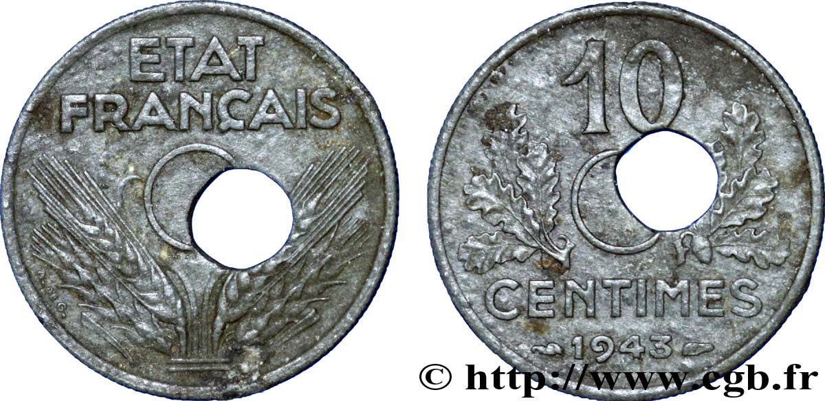 10 centimes, État français, grand module, perforation décentrée 1943  F.141/5 var. SS 