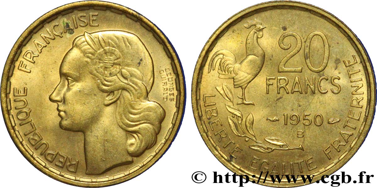 20 francs Georges Guiraud, 4 faucilles 1950 Beaumont-Le-Roger F.401/3 EBC 